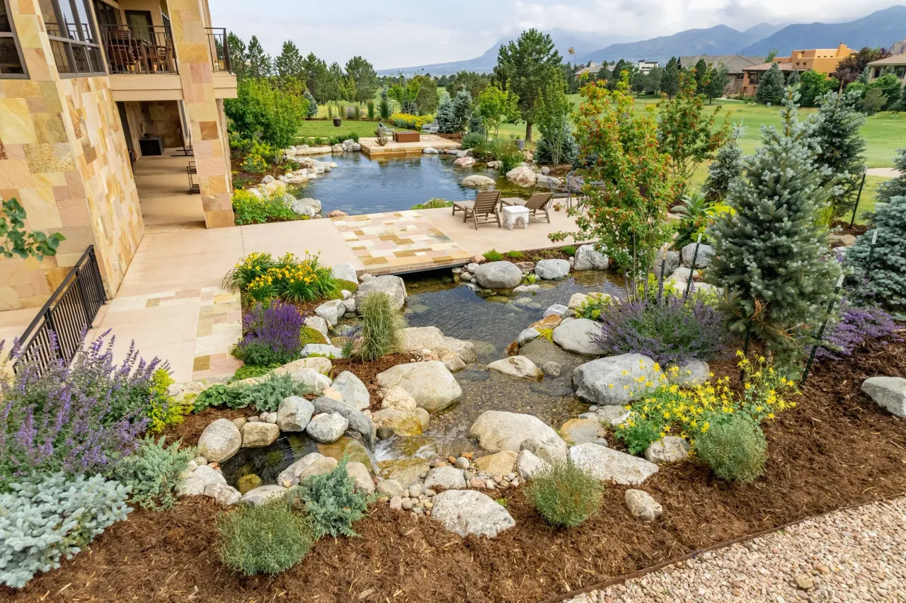 Landscaped backyard pond with rock border and plantings